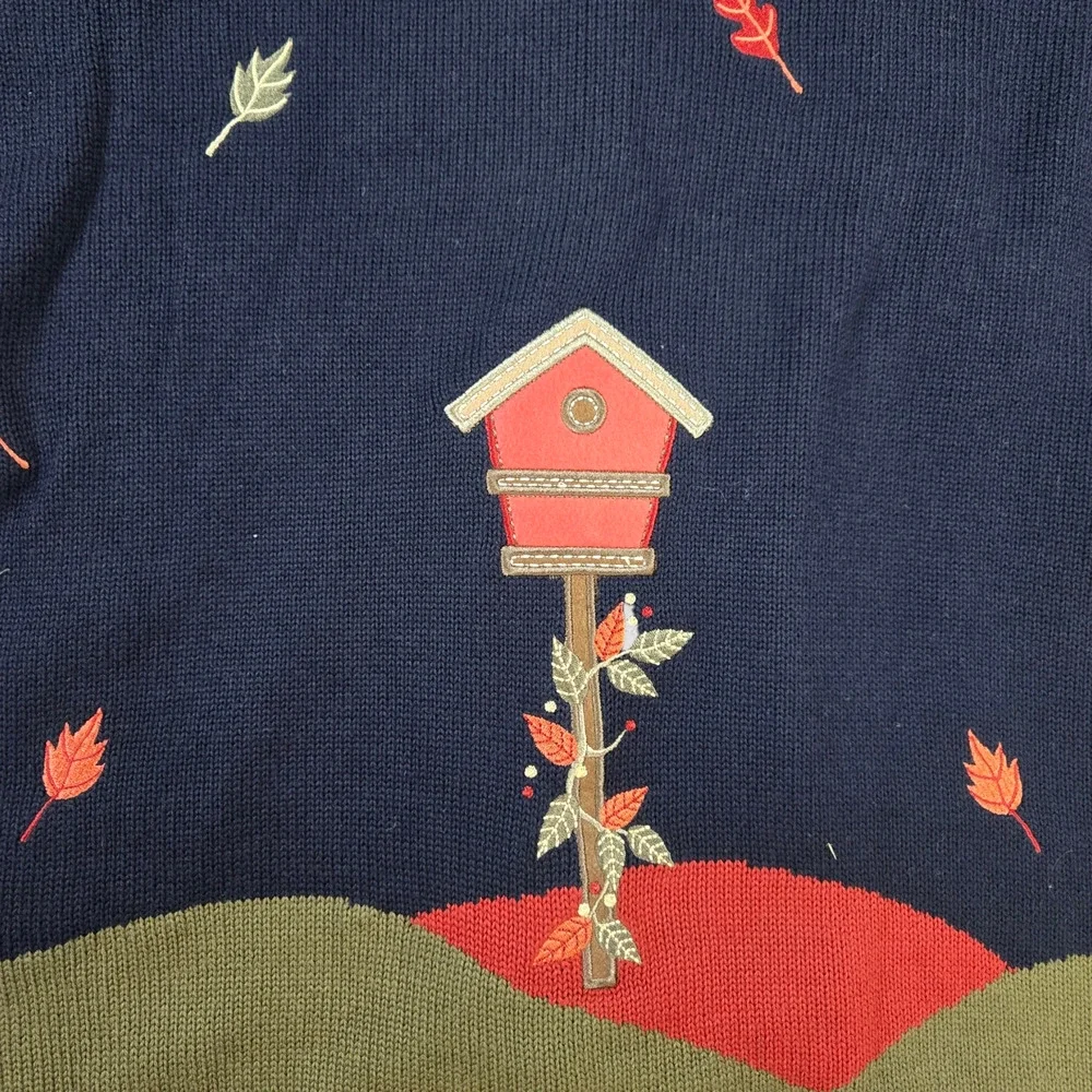 Y2K Navy Cardinal Fall Embroidered Wearable Art Knit Cardigan Sweater Size 14